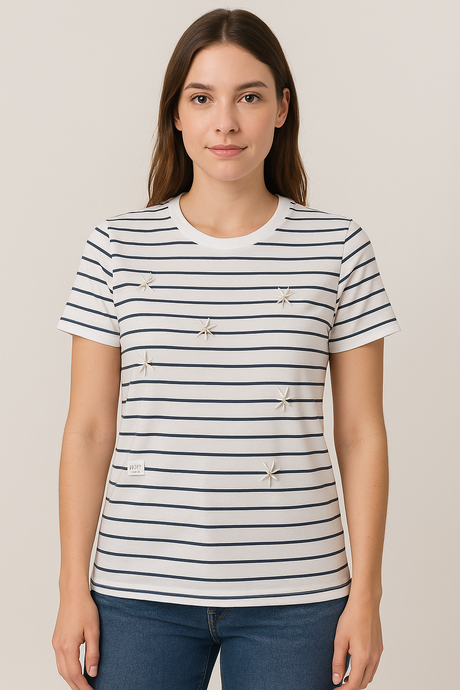 Playera Dama MC / FLORES PERLA BLANCO/RAYAS (9064883814623)