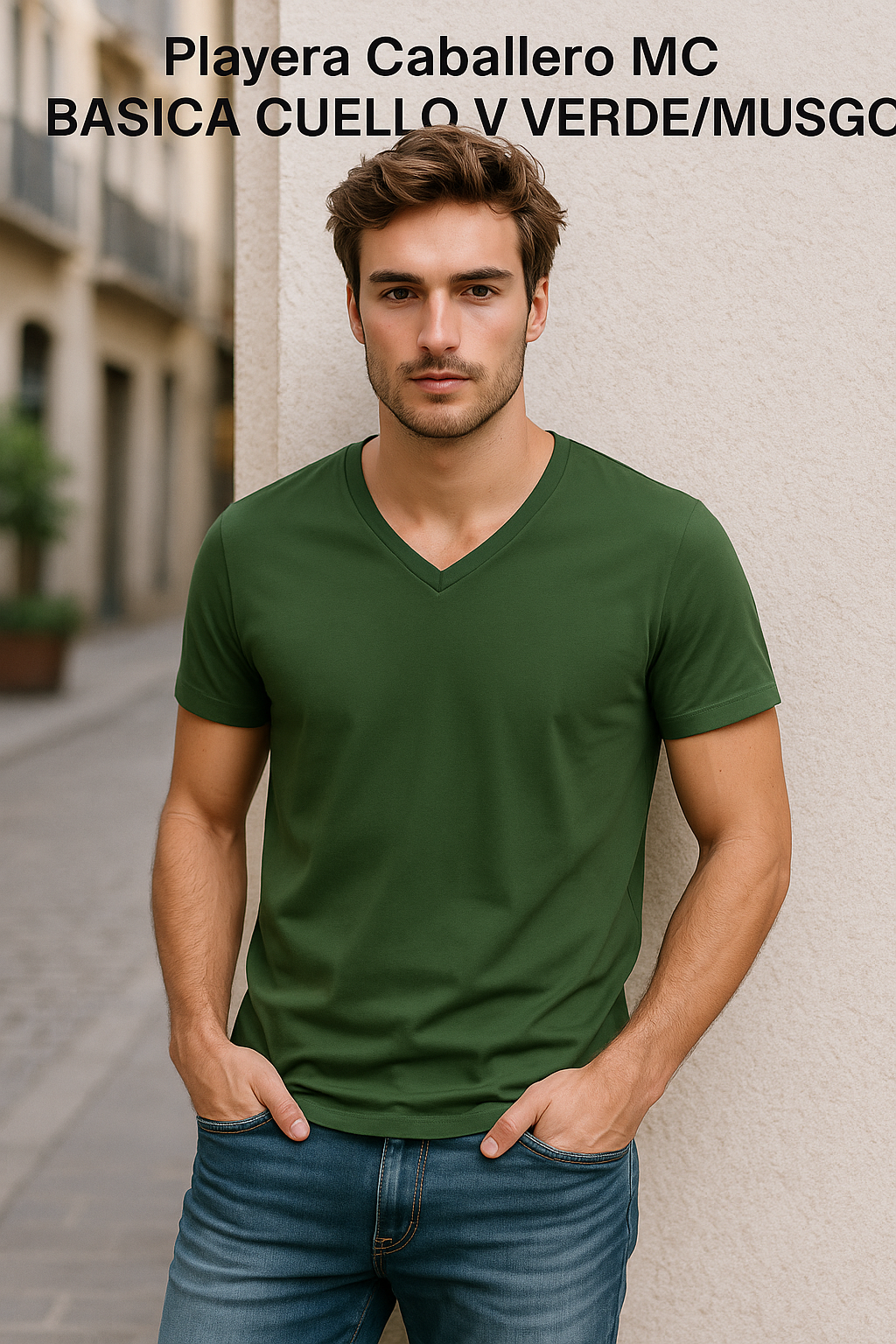 Playera Caballero MC / BASICA CUELLO V VERDE/MUSGO (9001817080031)