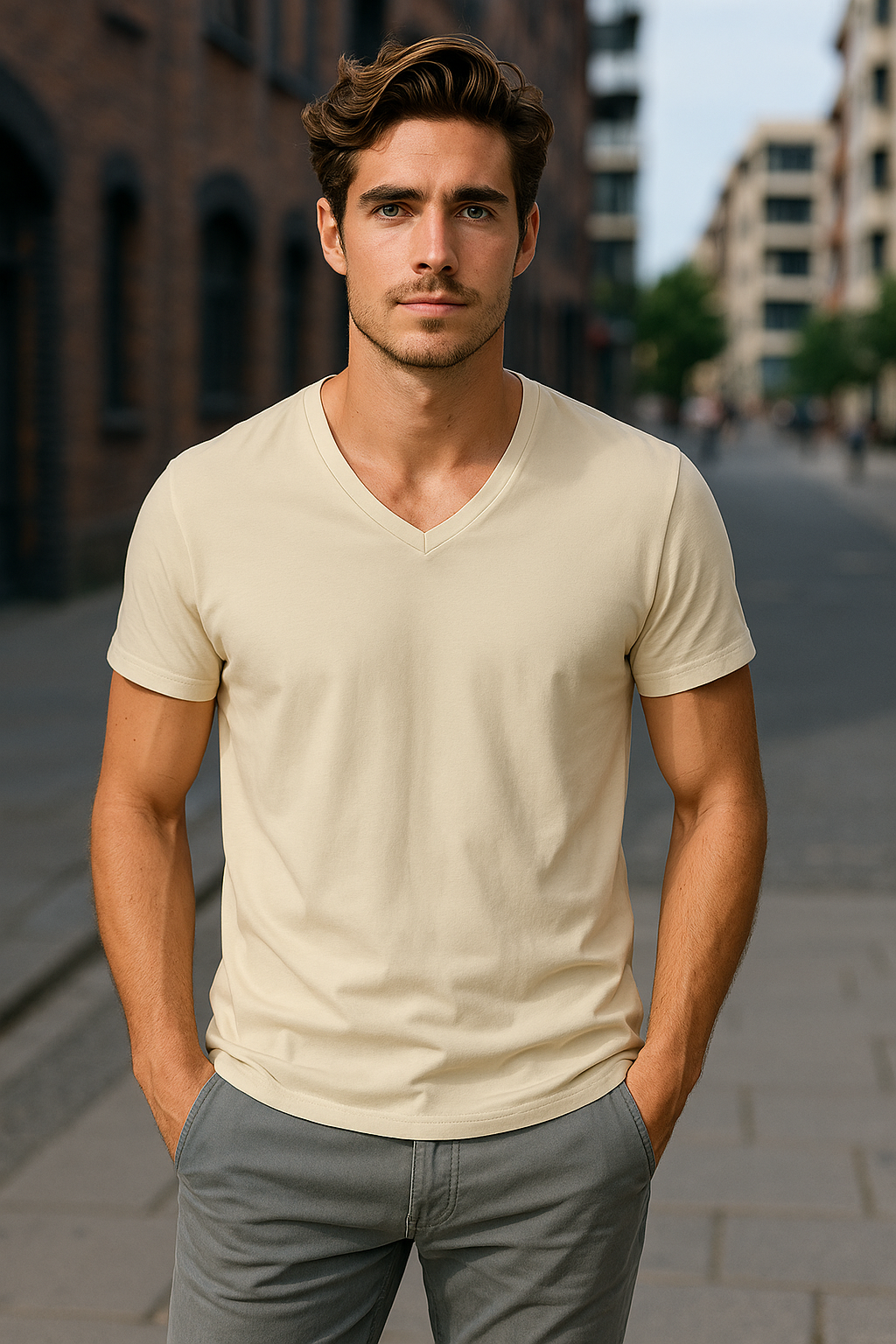 Playera Para Hombre Cuello V Beige (8648075149535)