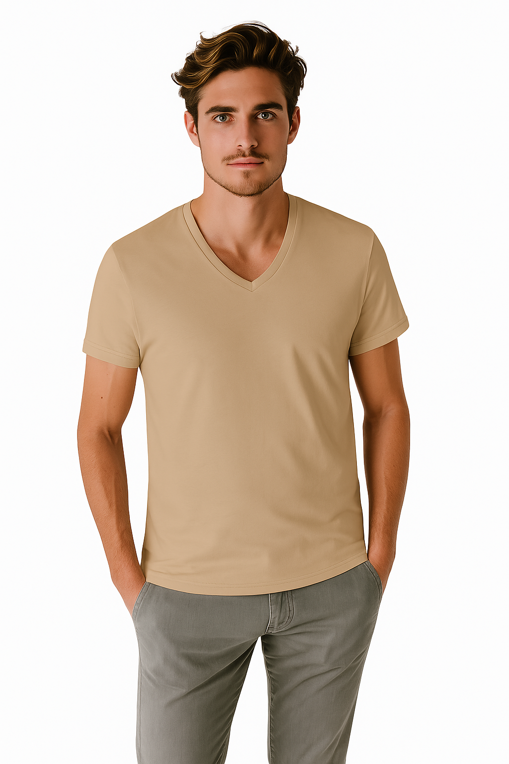 Playera Caballero MC / BASICA CUELLO "V" OATMILK (9119878742239)