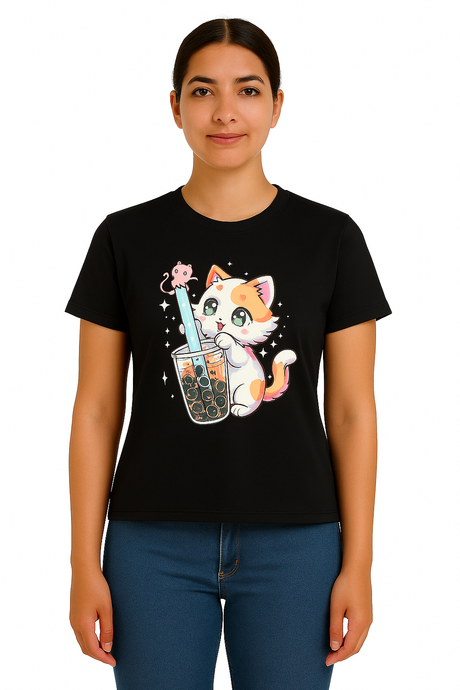 Playera Dama MC / GATO BUBBLE NEGRO (9120457359583)