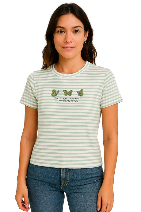 Playera Dama MC / MARIPOSAS RAYAS/VERDE (8969498034399)