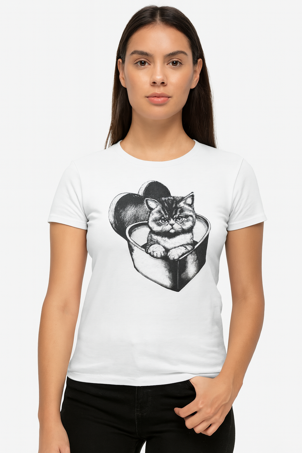 Playera Dama MC / GATO CORA BLANCO