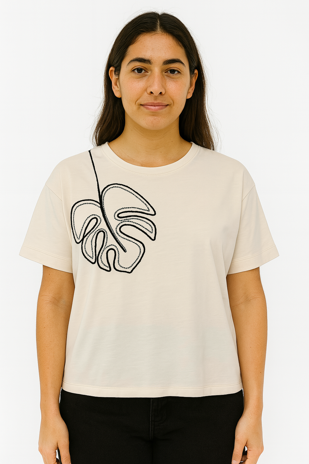 PLAYERA DAMA MC / HOJA BORDADA  KAKY (9079594090719)