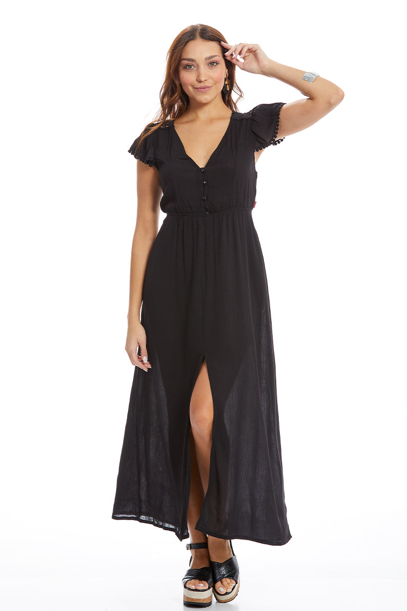 Vestido  Aplicación Hombro liso - Negro (8104216756447)