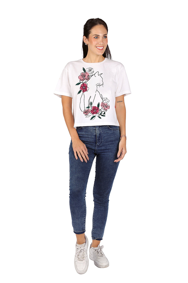 Playera Dama MC / GATO FLORES BLANCO (9028809556191)
