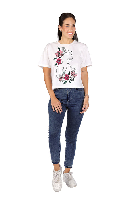 Playera Dama MC / GATO FLORES BLANCO (9028809556191)