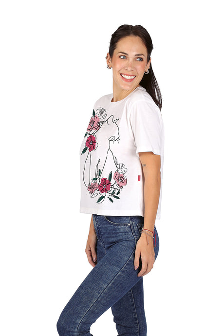 Playera Dama MC / GATO FLORES BLANCO (9028809556191)