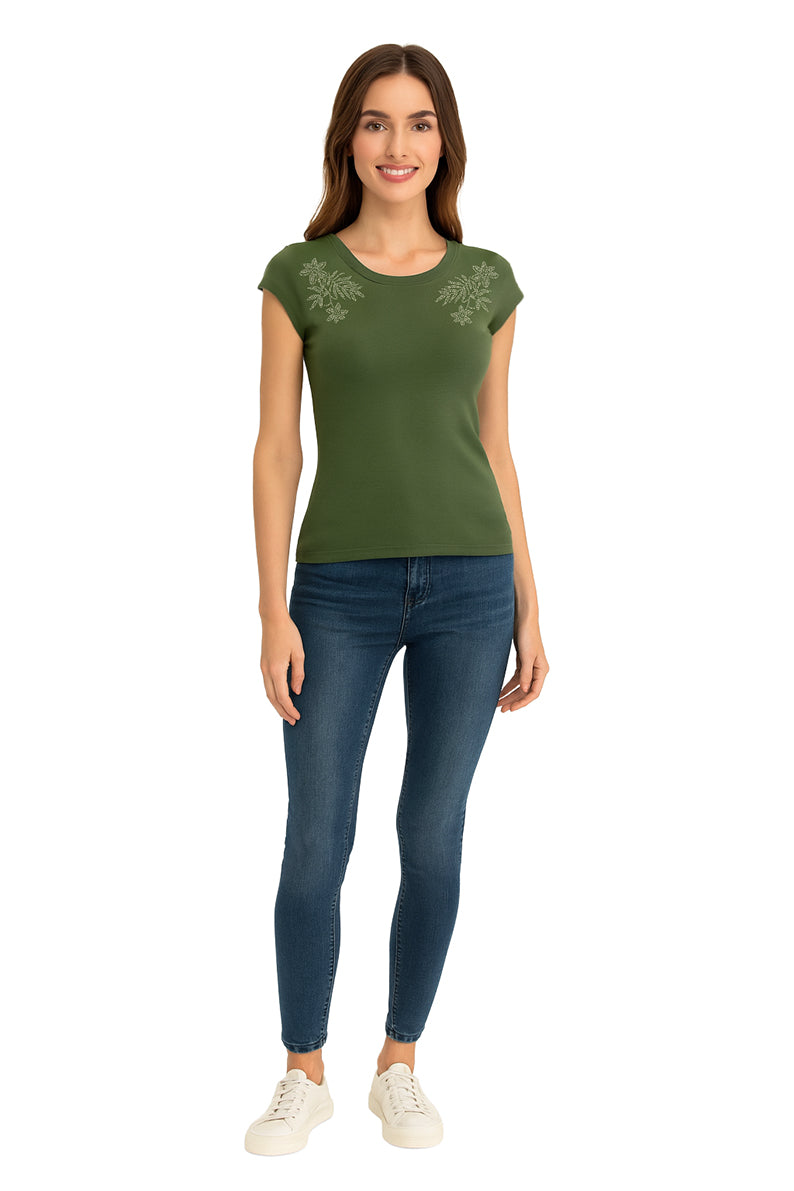 Playera Dama MC / FLORES HOMBROS  OLIVO