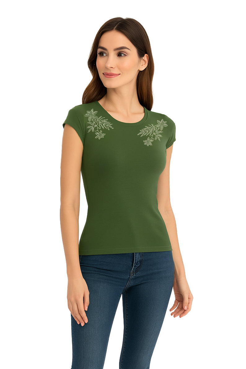 Playera Dama MC / FLORES HOMBROS  OLIVO