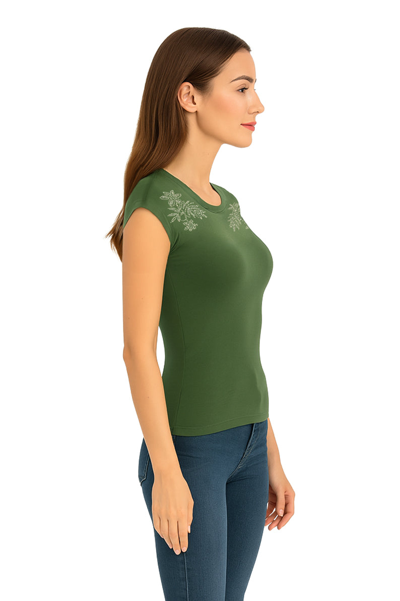 Playera Dama MC / FLORES HOMBROS  OLIVO