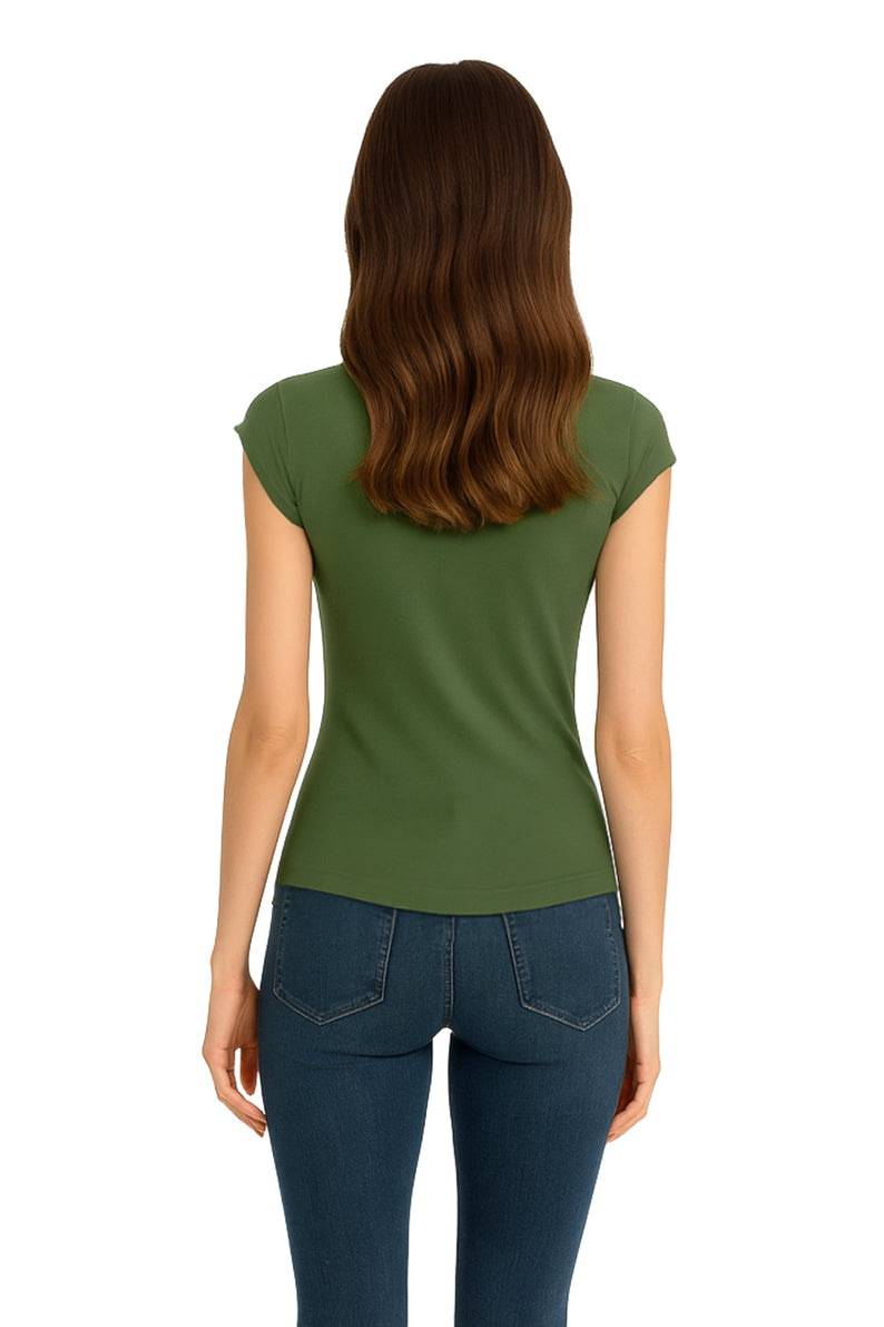 Playera Dama MC / FLORES HOMBROS  OLIVO