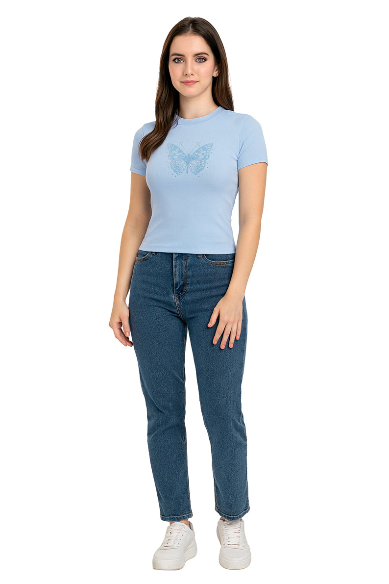 Playera Dama MC / MARIPOSA BRILLOS AZUL/CIELO