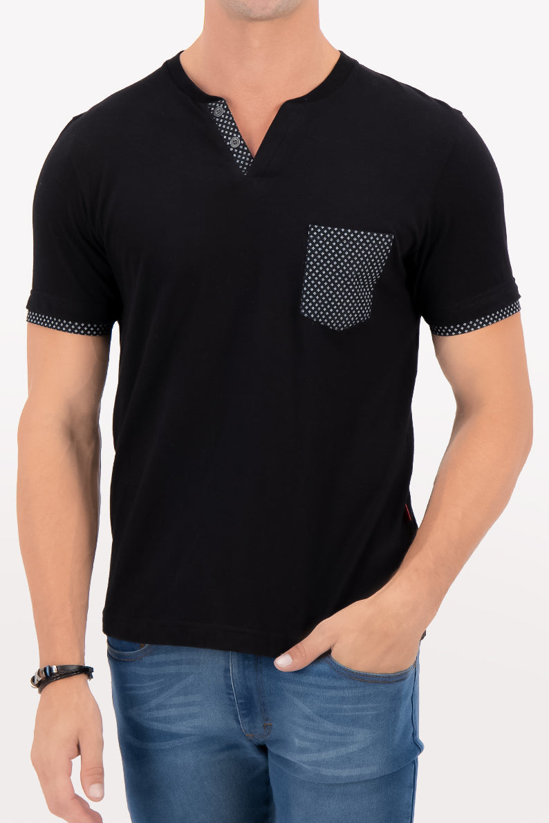 Playera Caballero MC/ HENLEY NEGRO (7533425066207)