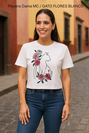 Playera Dama MC / GATO FLORES BLANCO (9028809556191)