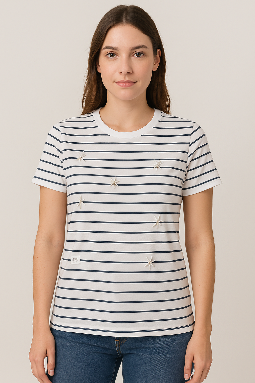 Playera Dama MC / FLORES PERLA BLANCO/RAYAS (9064883814623)