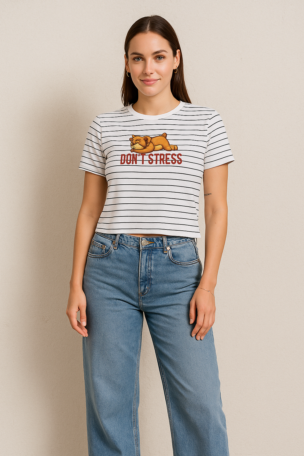 Playera Dama MC / DON'T STRESS RAYAS/BLANCO (8969488171231)