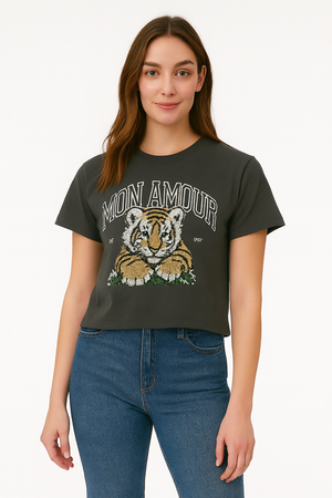 Playera Dama MC / MON AMOUR   RATA/GRIS