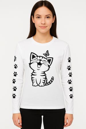 Playera Dama ML / GATO HUELLITAS  HUESO (9077685780703)