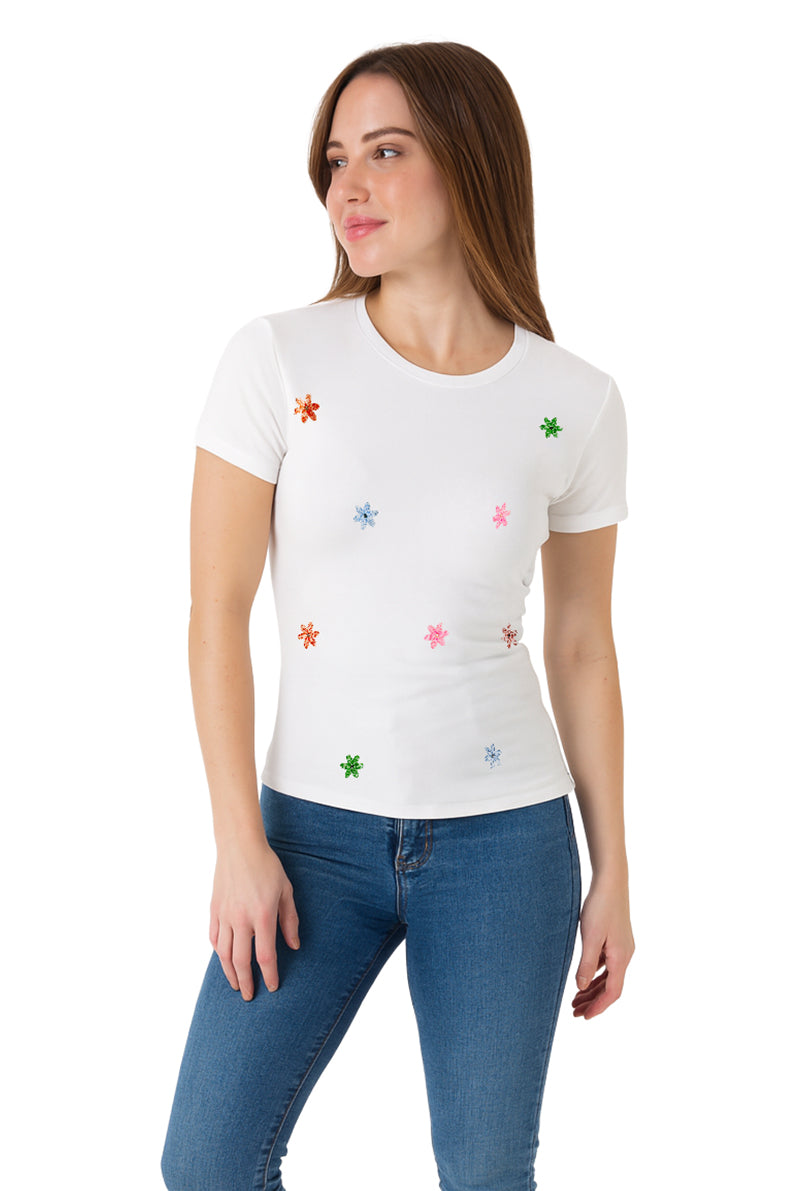 Playera Dama MC / FLORECITAS BLANCO