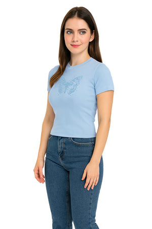 Playera Dama MC / MARIPOSA BRILLOS AZUL/CIELO