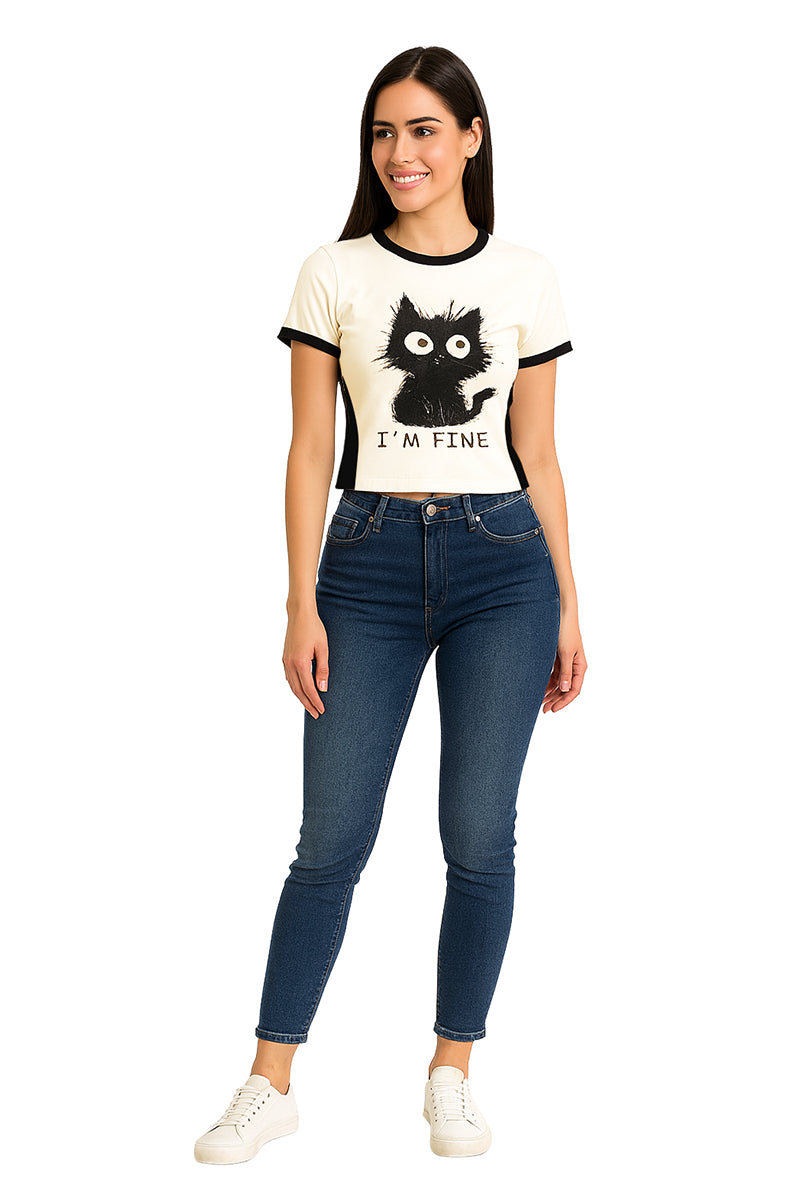 Playera Dama MC / IM FINE  BLANCO/NEGRO