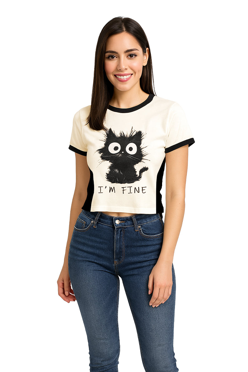 Playera Dama MC / IM FINE  BLANCO/NEGRO