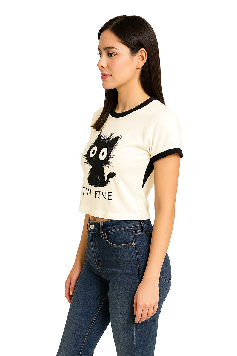 Playera Dama MC / IM FINE  BLANCO/NEGRO