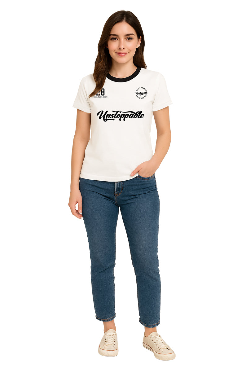 Playera Dama MC / UNSTOPPABLE  BLANCO/NEGRO