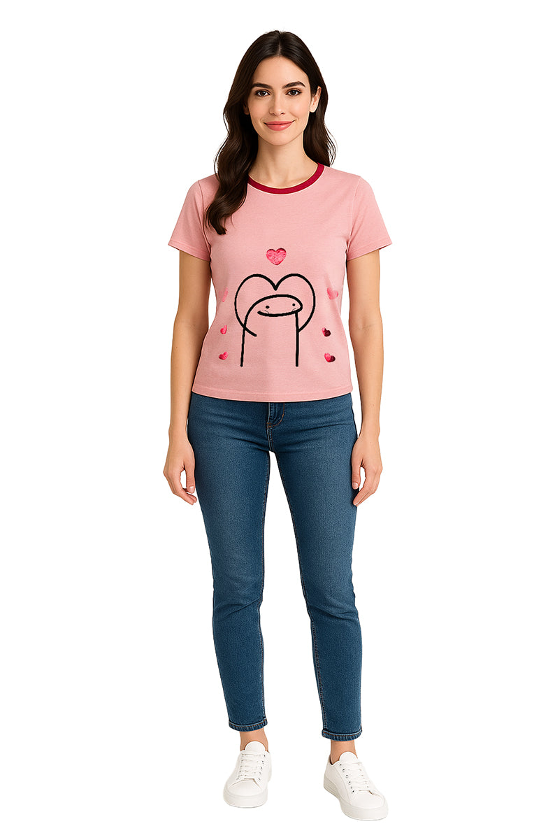 Playera Dama MC / MEME CORAZONES  MALVA ROJO