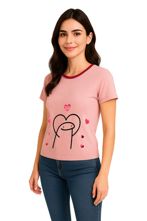 Playera Dama MC / MEME CORAZONES  MALVA ROJO