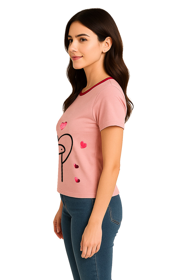 Playera Dama MC / MEME CORAZONES  MALVA ROJO