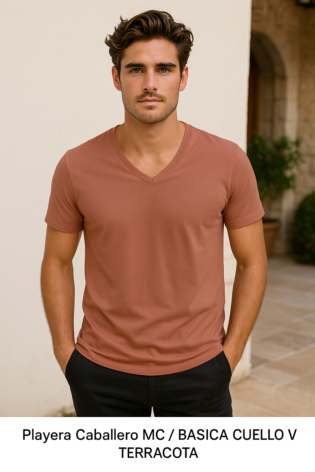 Playera Caballero MC / BASICA CUELLO V TERRACOTA (9001846374623)