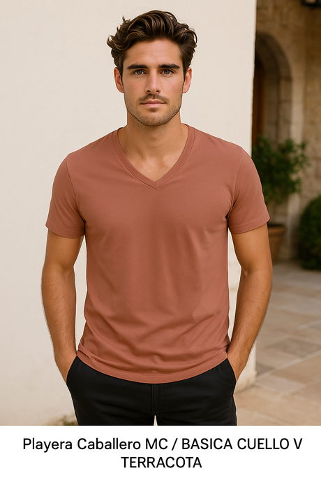 Playera Caballero MC / BASICA CUELLO V TERRACOTA (9001846374623)