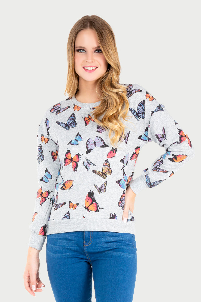 Sudadera Dama ML / GRIS MARIPOSAS (7067780382902)